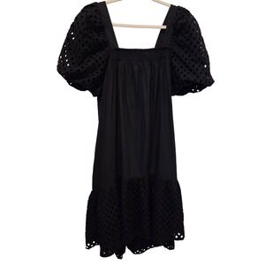 Gibson Latimer Black Puff Sleeve Smocked Square Neck Eyelet Midi Dress M